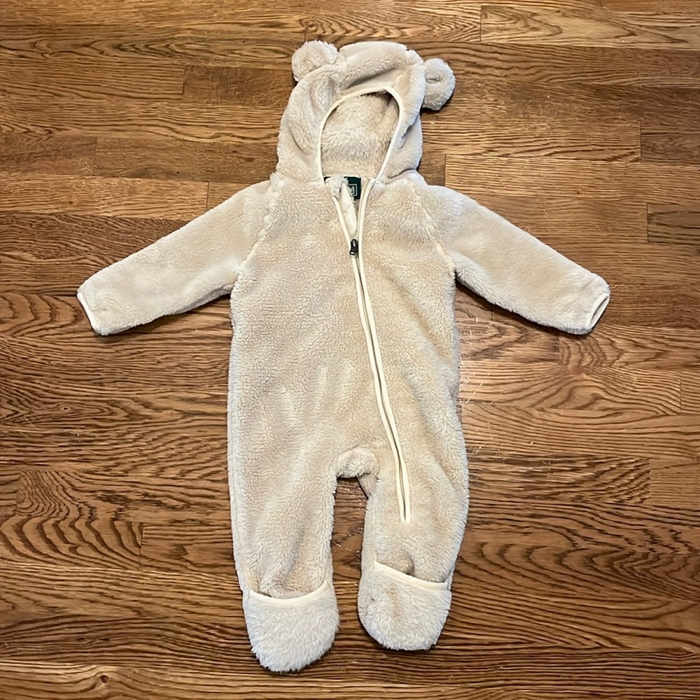 L.L. Bean Cream Fuzzy Bear Hooded Baby One-Piece